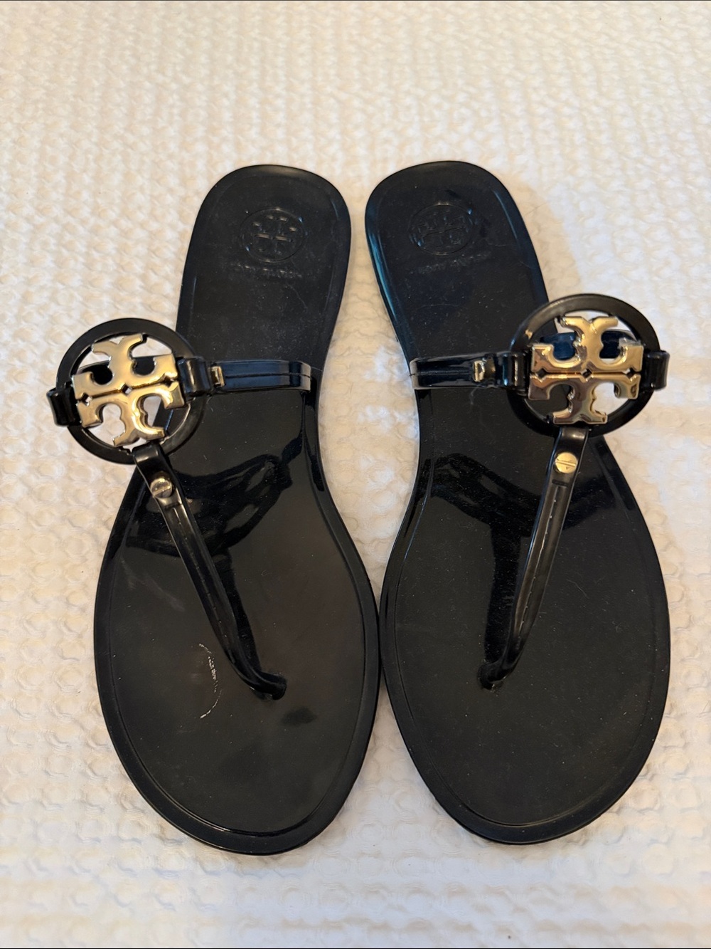 Tory Burch Black Patent Jelly Sandals with Gold Logo